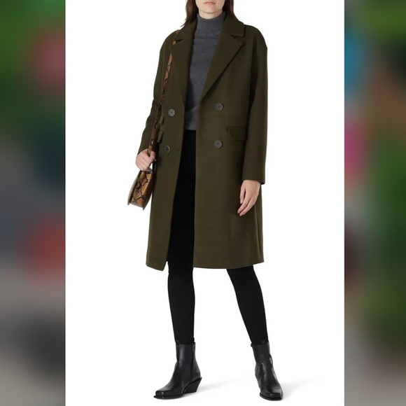 Olive Green Button Front Double Breasted Notch Lapel Coat Size Large - Picture 2 of 10